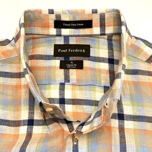 Paul Fredrick Linen Button Down Shirt Mens XL Classic Fit Plaid Orange Blue